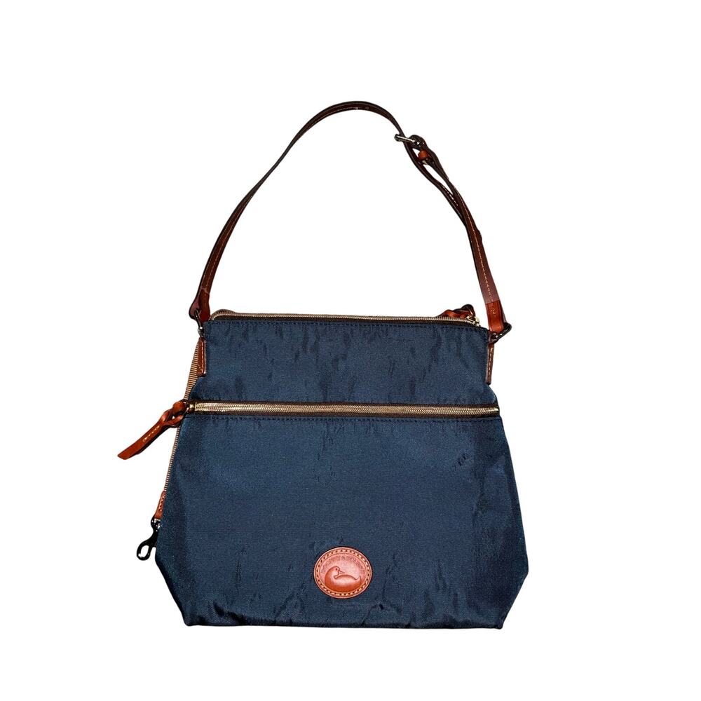 Dooney And Bourke Blue Nylon Tan Leather Logo Crossbody Bag